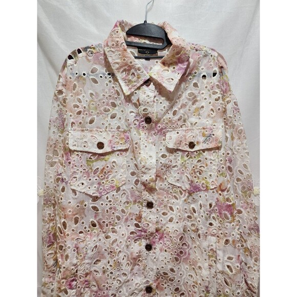 Kathy Ireland Womens XL Pink Shacket Victorian Floral Eyelet Relaxed Cottage - Picture 7 of 16